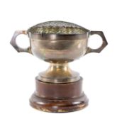 GEORGE V CIRCULAR SILVER TWO-HANDLED ROSE BOWL with inner liner, raised on a circular foot and on