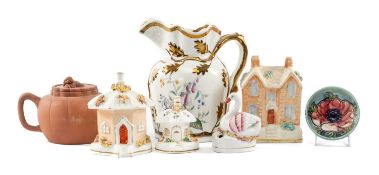 CHINESE YIXING TEAPOT, 10.5cms (h); together with Victorian copper lustre jug, Victorian swan form