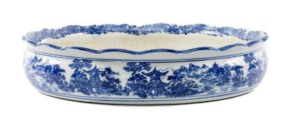LARGE MODERN CHINESE PORCELAIN BASIN, late 20th century, with printed pavilion landscape design in