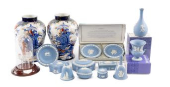 NUMBER OF WEDGWOOD LIGHT BLUE JASPER ORNAMENTAL CERAMICS, together with a pair of Phoenix ware vases