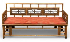 CHINESE HARDWOOD SETTEE, with pierced back panels, solid seat with loose silk pad cushion, 85 (h)