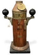 KELVIN & HUGHES OAK & BRASS SHIP'S BINNACLE, the cowling with glass viewing port, 117cms (h)