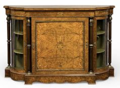 FINE QUALITY VICTORIAN INLAID WALNUT CREDENZA, gilded ormolu mounts, central door enclosing velvet-
