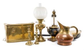 ENGLISH BRASS OIL LAMP 'THE B&H', converted to electricity, 46cms (h); brass pedestal oil lamp