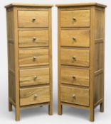 PAIR OF MODERN OAK TALL FIVE-DRAWER CHESTS with brushed metal knob handles, 127 (h) x 47 (w) x 40cms