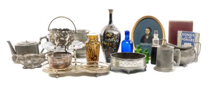 ASSORTED ITEMS, including pewter wares, Japanese cloisonné vase (badly bruised), small assortment of