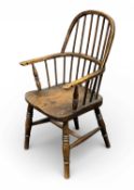 19TH CENTURY BEECH-FRAMED CHILD'S WINDSOR CHAIR, with hoop and stick back, shaped solid seat, turned