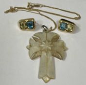 PAIR OF VINTAGE CHRISTIAN DIOR GILT METAL CLIP-ON EARRINGS, each set with a blue and yellow stone,