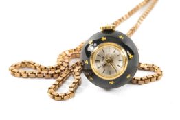 ROYCE ENAMELLED BALL PENDANT WATCH, suspended from a 9ct gold box-link chain necklace, 48cms (l),