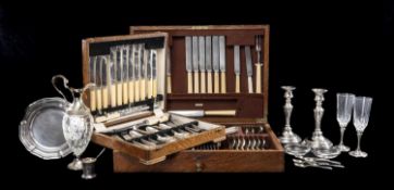 TWO WOODEN CANTEENS OF SILVER-PLATED CUTLERY, each with celluloid handled knives, and other mixed