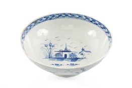 LARGE LIVERPOOL PEARLWARE BLUE & WHITE PUNCH BOWL, late 18th century, exterior painted with a