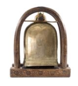 LARGE THAI BRONZE ELEPHANT BELL of flattened bell form, main body decorated with scroll design to