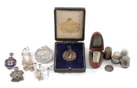 TWO ENAMELLED SILVER RIFLE SHOOTING FOBS, silver and enamelled thimble, sterling silver filigree