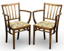 PAIR OF ARTS & CRAFTS STYLE BEECH-FRAMED ARMCHAIRS with rail backs, outswept open arms, drop-in