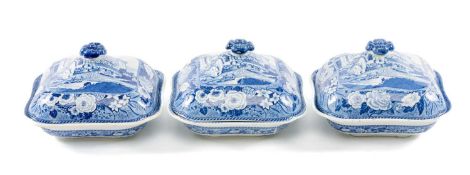 THREE 'MONK'S ROCK SERIES' SQUARE COVERED VEGETABLE TUREENS, c. 1820-30, attributable to Minton,