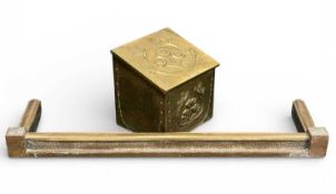 VINTAGE BRASS LOG BOX, with floral embossed sloping lid and front, 39 (h) x 39 (w) x 34cms (d);