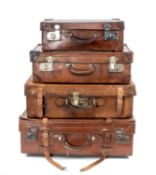 VINTAGE BROWN LEATHER LUGGAGE, suitcase with reinforced leather covered corners, twin securing