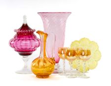 LARGE VICTORIAN CRANBERRY-TINTED TRUMPET VASE, wrythen moulded and with clear glass foot, 36cms (h);