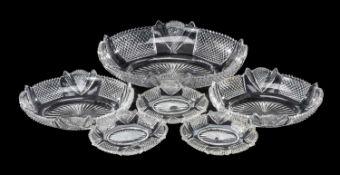 FIVE GEORGIAN OVAL HOBNAIL CUT GLASS DISHES, largest 8 (h) x 32 (w) x 22cms (d) Provenance: