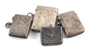 SILVER STAMP ENVELOPE, maker C&N, Birmingham 1903; and three silver vesta cases, largest 4 x 3cms,