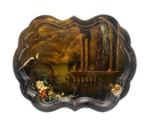 VICTORIAN TOLE PEINTE SERVING TRAY, c. 1850, decorated with a Capriccio landscape, 81.5 x 64cms