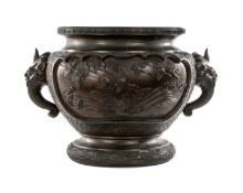 JAPANESE BRONZE JARDINIÈRE, Meiji (1868-1912), cast with cranes and jungle fowl in panels, and