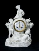 MEISSEN STYLE PORCELAIN MANTEL CLOCK, finished in a Blanc de Chine glaze and modelled with