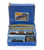 HORNBY DUBLO TANK GOODS TRAIN SET EDG7, LMS Loco 6917, three goods wagons, nine sections of curved