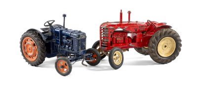 VINTAGE CHAD VALLEY MECHANICAL FORDSON MAJOR TRACTOR (blue), with a Lesney large scale Massey Harris