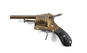 VINTAGE NOVELTY BRASS CIGAR / CHEROOT CUTTER, in the form of a revolver pistol with wooden grips,