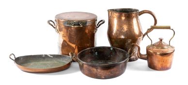 19TH CENTURY COPPERWARE, comprising massive waisted jug with loop handle, 36cms (h); large copper