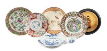 CANTONESE FAMILLE ROSE PLATE (riveted), Chinese blue and white export plate (cracked), Chinese
