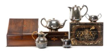 VICTORIAN OAK SLOPE-FRONT STATIONARY BOX, 26 (h) x 30cms (w); Victorian rosewood and inlaid