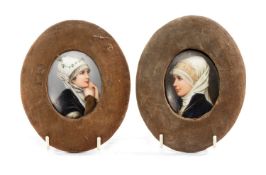 PAIR OF CONTINENTAL HAND-DECORATED PORCELAIN PORTRAIT PLAQUES, mounted in contemporary worn velvet