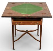 EDWARDIAN INLAID MAHOGANY ENVELOPE TOP CARD TABLE, baize lined interior with counter wells to