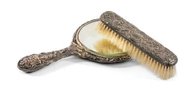 SILVER-BACKED HAND MIRROR, Chester 1905 (A/F); and a silver-backed clothes brush with conforming