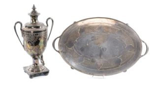 SILVER PLATE, comprising a 19th century EPNS samovar with side handles, square base, and on bun