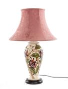 MOORCROFT 'PIROUETTE BREEZE' TABLE LAMP, with pink fabric shade, 36cms (h) to top of lamp