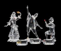 SWAROVSKI CRYSTAL SOCIETY 'MASQUERADE' FIGURES, Harlequin, Pierrot and Columbine, with nameplates,
