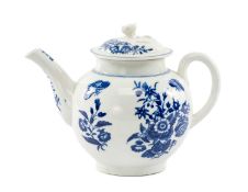 WORCESTER BLUE & WHITE TEAPOT & COVER, in the butterfly pattern c. 1780, open crescent mark,