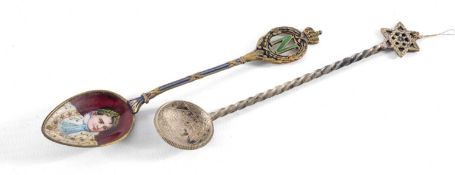 CONTINENTAL 800 STANDARD SILVER & ENAMELLED NAPOLEONIC SOUVENIR SPOON, and a Middle Eastern coin