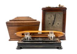 MAHOGANY SARCOPHAGUS TEA CADDY, 31cms (w); mahogany chiming mantel clock, 25.5cms (h); Victorian
