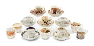 ASSORTMENT OF TEACUPS, COFFEE CANS & SAUCERS, attributed to Newhall, Spode, Derby, and Worcester,