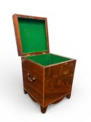 LATE GEORGE III MAHOGANY FOUR-BOTTLE CELLARETTE, with brass carrying handles, 33 (h) x 25 (w) x