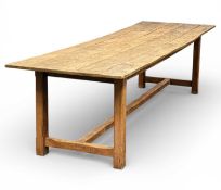 OAK FARMHOUSE TABLE, five-plank top with cleated ends, on hewn square supports and stretchers, 77 (