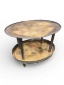 SILVER-PLATED TWO-TIER TEA TROLLEY, raised on modern wheel castors, 67 (h) x 77 (l) x 57.5cms (d)