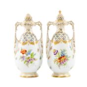 PAIR OF DRESDEN PORCELAIN POTPOURRI VASES, decorated with Deutsche blumen, 25.5cms (h) (2)