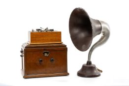VINTAGE OAK CASED VALVE RADIO, 26 x 37.5cms; and cat's whisker type receiver, and BT-H sound horn (