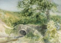 ‡ WILLIAM SELWYN (Welsh b.1933) watercolour - landscape with arched stone bridge, signed, 28 x 40cms