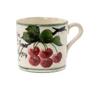 LLANELLY NAMED & DATED POTTERY MUG painted by Samuel Shufflebotham with fruiting cherry branch,